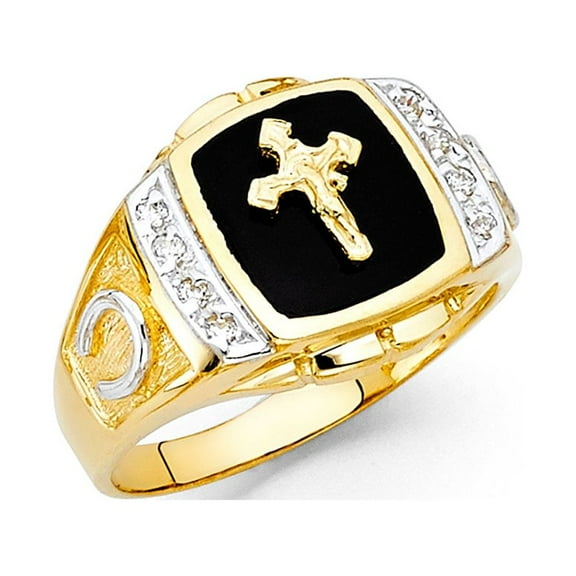 Horseshoe Cross Ring Solid 14k Yellow Gold Mens Band Black Onyx Religious CZ Good Luck Mens Fancy, Size 10