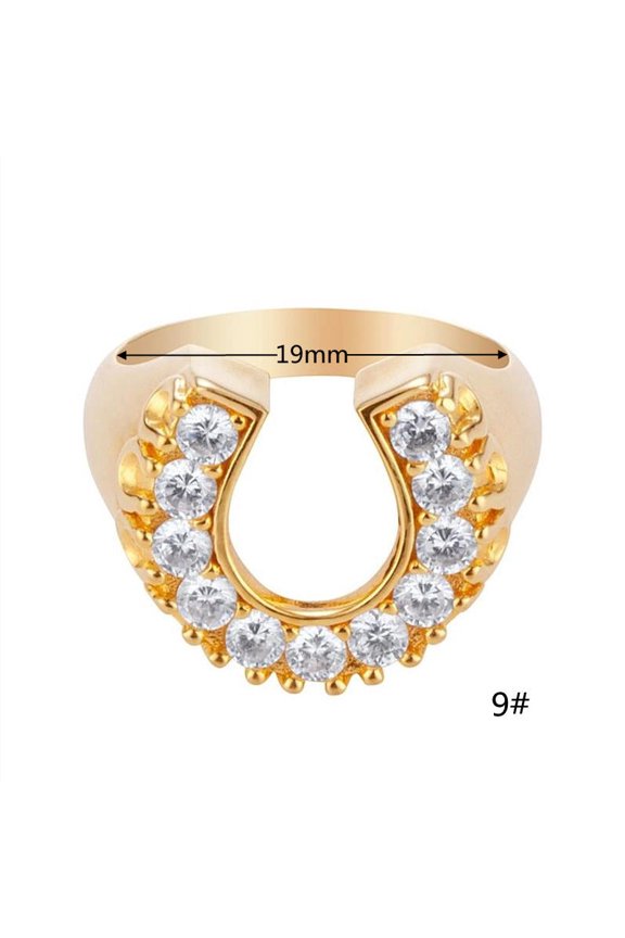 Horseshoe Element Ring UShaped Gold Plated Copper With Artificial Gem Inlays European American Fashion Jewelry
