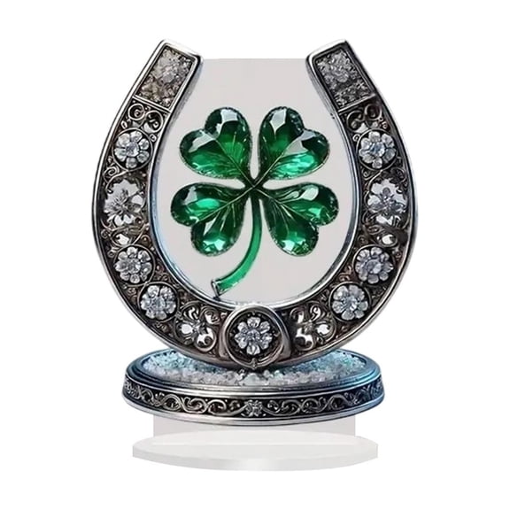 Horseshoe Four Leaf Clover Acrylic Standing Ornament, Lucky Symbol Desk Decor For Home Office Gift, 20X16.14Cm Crystal Look