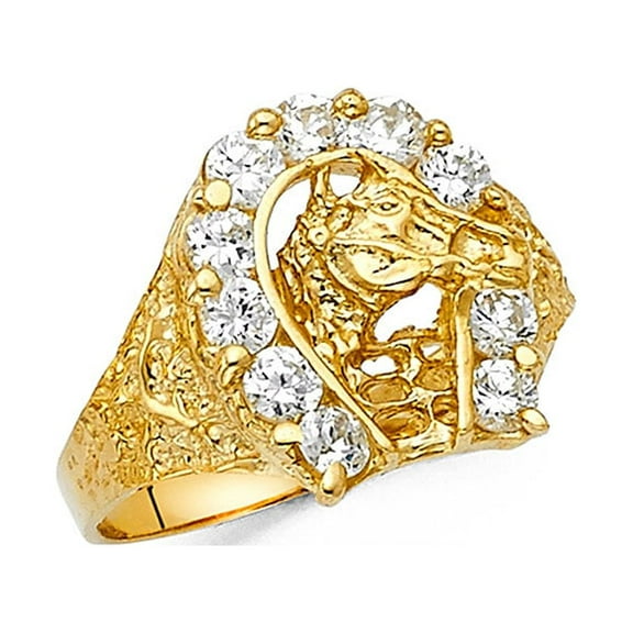 Horseshoe Horse Head Ring Solid 14k Yellow Gold Band Good Luck CZ Nugget Style Mens Fancy, Size 10
