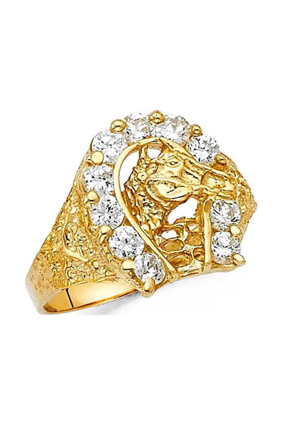 Horseshoe Horse Head Ring Solid 14k Yellow Gold Band Good Luck CZ Nugget Style Mens Fancy, Size 10