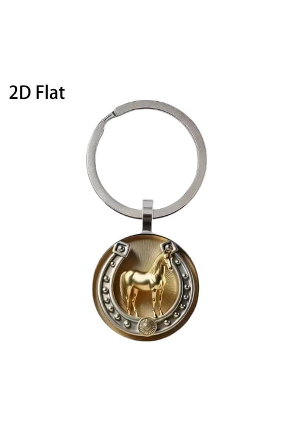Horseshoe Keychain, 2D Flat Design with Horse Charm, Lucky Symbol for Keys Bag Pendant, and Stylish Gift.