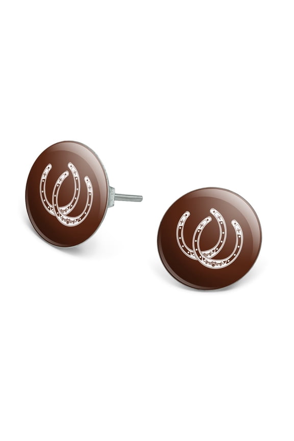 Horseshoe Lucky Double Cowboy Brown Novelty Silver Plated Stud Earrings