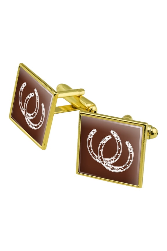 Horseshoe Lucky Double Cowboy Brown Square Cufflink Set - Silver or Gold