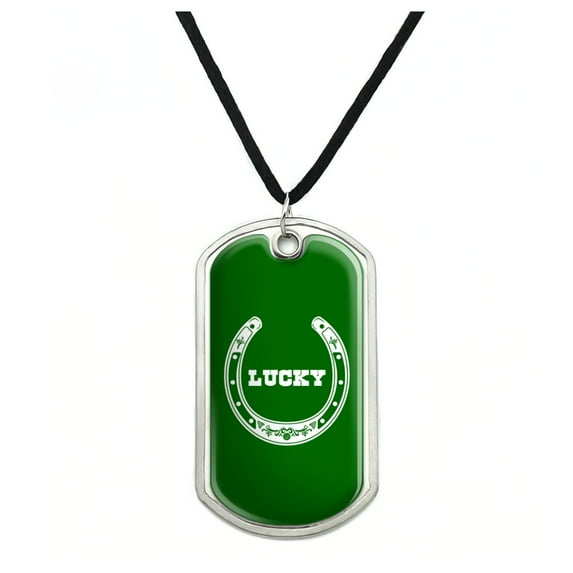 Horseshoe Lucky Green Military Dog Tag Pendant Necklace with Cord