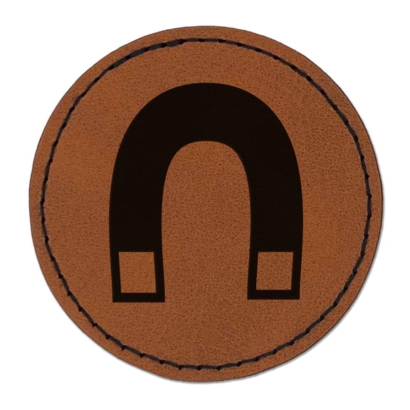 Horseshoe Magnet 2.5" Faux Leather Round Engraved Iron-On Patch - Brown