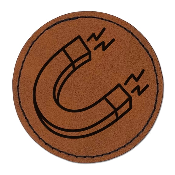 Horseshoe Magnet Magnetic Symbol 2.5" Faux Leather Round Engraved Iron-On Patch - Brown