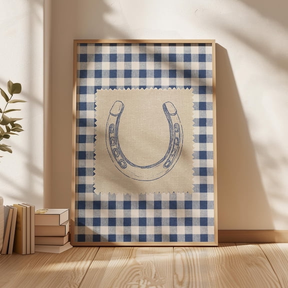 Horseshoe Poster, Rustic Western Downloadable Poster Wall Art, Retro Lucky Horseshoe , Cottagecore Decor, Country Blue Gingham, Size 12x18 UNFFRAMED F03.1.7l3228