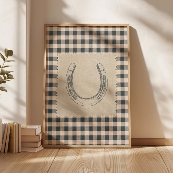 Horseshoe Poster Wall Art, Rustic Western Downloadable Poster Art, Retro Lucky Horseshoe , Cottagecore Decor, Country Gingham, Size 16x24 UNFFRAMED F03.1.7l3094