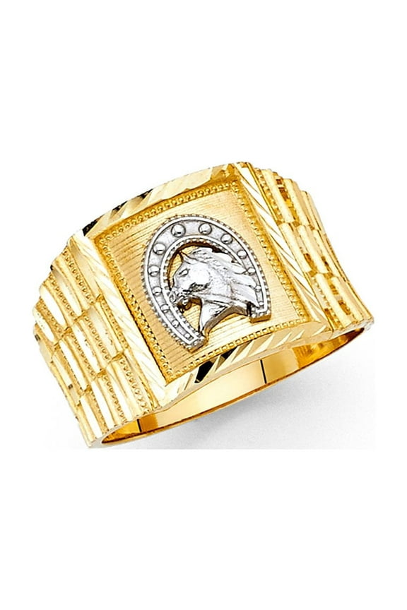 Horseshoe Ring 14k Yellow & White Gold w/ Horse Head Mens Lucky Band Two Tone Solid 14MM Size 9