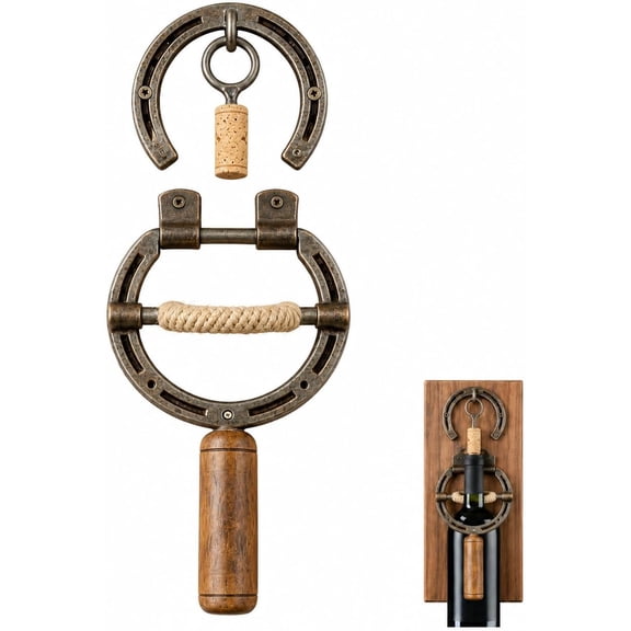 Horseshoe Wall Mounted Wine Opener, Rustic Manual Corkscrew (Rustic Bronze And Brown)