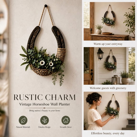 Horseshoe Wall Planter Boho Hanging Basket Vintage Rope Decor Lifelike Eucalyptus Foliage and Hand-Braided Rope Design for Living Room Wall Entryway Display and Porch Hanging