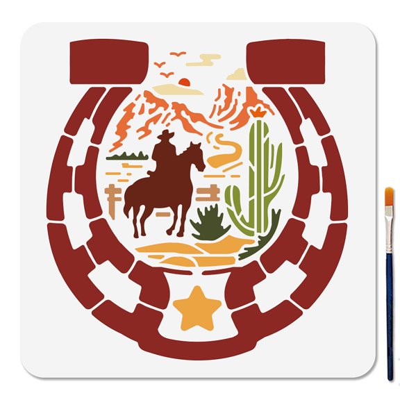 Horseshoe Western Cowboy Stencil 11.8x11.8inch Cactus Nature Landscape Template with Paint Brush Reusable Mountain Cowboy Stencil for Wood Fabric