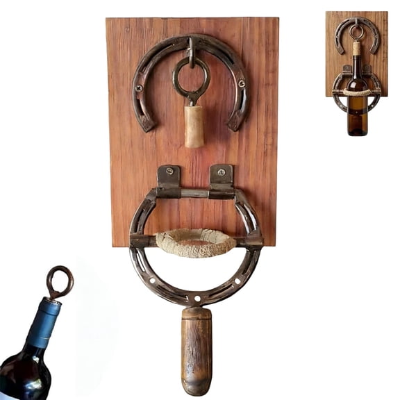Horseshoe Wine Bottle Opener Wall Mounted, Rustic Corkscrew for Bar Kitchen Decor