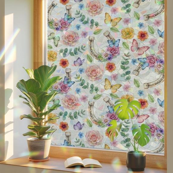 Horseshoes Window Privacy Film, Pink Roses Flower Eucalyptus Leaf ...