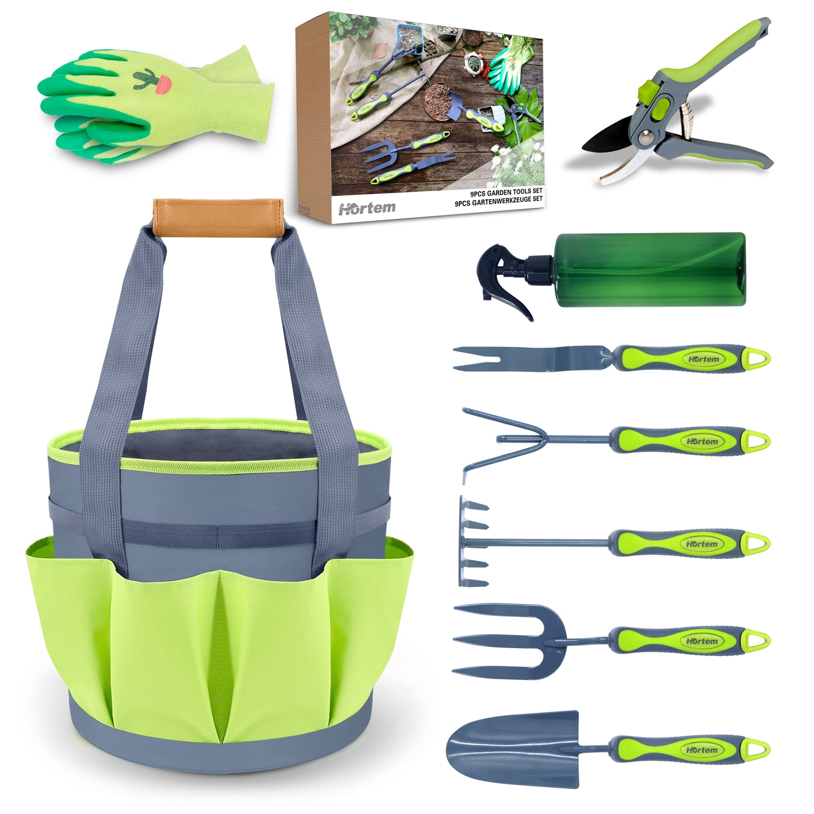 Hortem Garden Tools Set, 9PCS Include Trowel Set, Large Garden Tote Bag ...