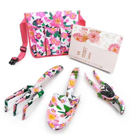 Hortem Garden Tools Set Women, Christmas Gardening Gifts Ladies, Aluminum Hand Tools, Pruner and Garden Belt Bags with Floral Package