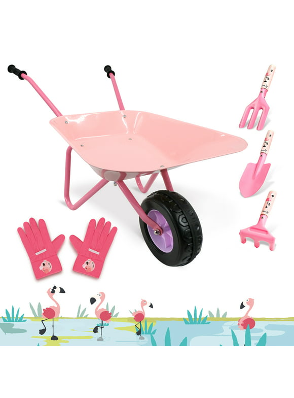 Hortem Kids Wheelbarrow Set Metal, 5PCS Child Wheel Barrel and Kids Garden Tools, Gifts for Girls (Pink)