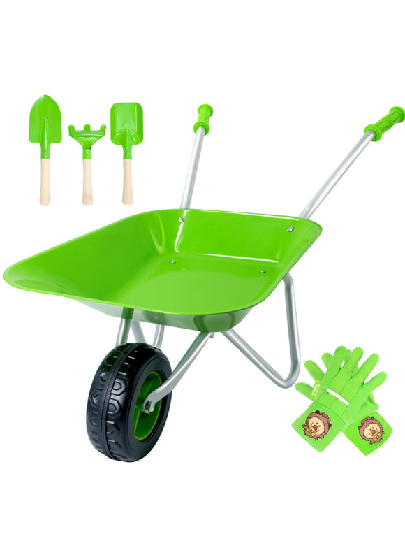 Hortem Kids Wheelbarrow Set Metal, Child Wheel Barrel Pink Easy to Assemble and Garden Tools Kit Include Hand Rake, Shovel and Mini Rake
