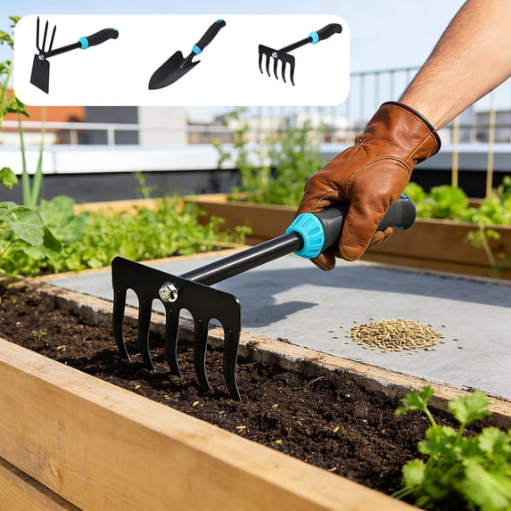 Horticultural Hand Rake Quenched Steel | Heavy Duty Rust-Resistant Garden Tool | Fiber Reinforced Handle | 28x11cm Black | Flower, Vegetable, Potted Plant, Weeding | Durable Landscaping Cultivator