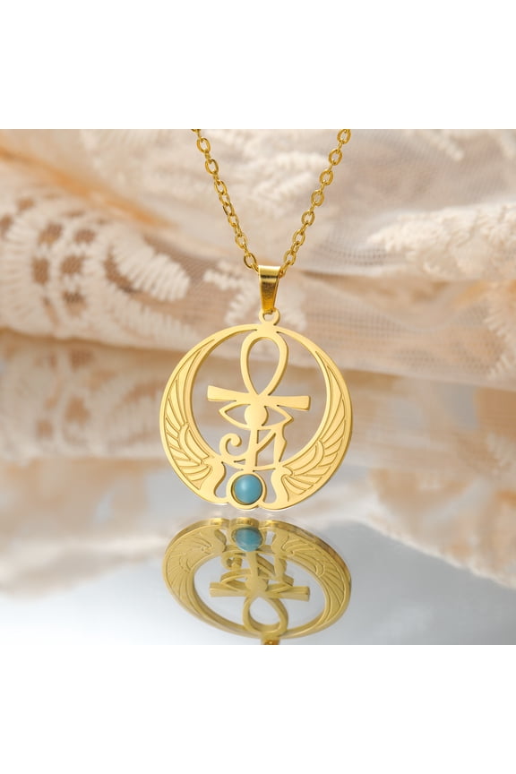 Horus Eye Cross Necklace 14K White Gold Round Blue Gemstone Pendant Men and Women Prayer Talisman Jewelry Gift