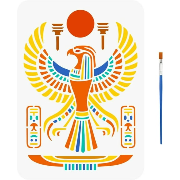 Horus Falcon Stencil with a Paint Brush 11.7x8.3Inch Falcon Sun Stencil Torch Painting Stencil Egyptian Theme Drawing Template