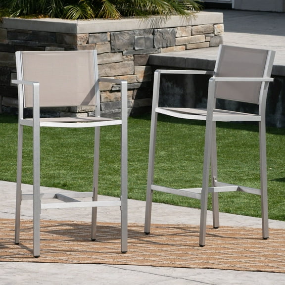 Horuto Modern Patio Bar Stools, Set of 2, 29.5" Bar Height Chairs for Outdoor Entertaining, Aluminum Frame with Grey Mesh, Silver