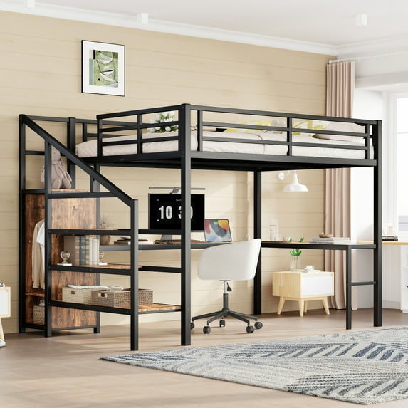 Horuto Queen Loft Bed with Storage Stairs and Wardrobe, All-in-One Metal Loft Bed with Reversible Staircase & L-Shaped Desk, Black & Woodgrain