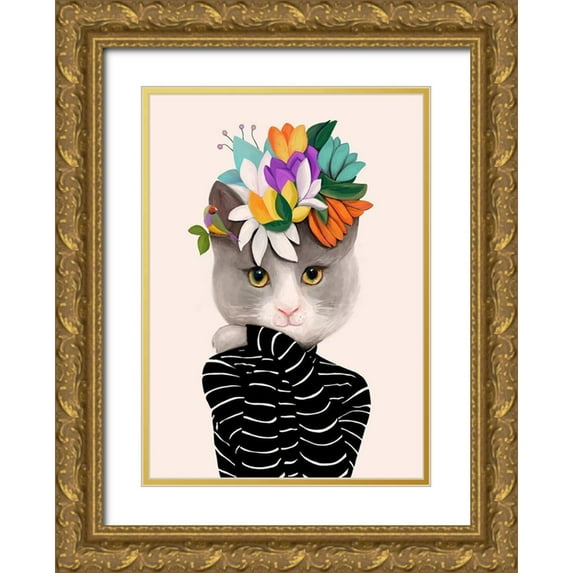 Horvat, Ioana 14x18 Gold Ornate Wood Framed with Double Matting Museum Art Print Titled - Cat With Flowers and Finch