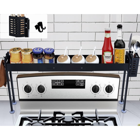 Horynar Spice Rack for Countertop Over the Stove Spice Shelf for Kitchen Spice Rack Organizer with Extra Basket and Hooks Countertop Black Spice Rack Shelf Great for Magnetic Stove Top Shelf