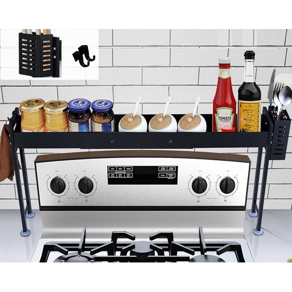 Horynar Spice Rack for Countertop Over the Stove Spice Shelf for Kitchen Spice Rack Organizer with Extra Basket and Hooks Countertop Black Spice Rack Shelf Great for Magnetic Stove Top Shelf