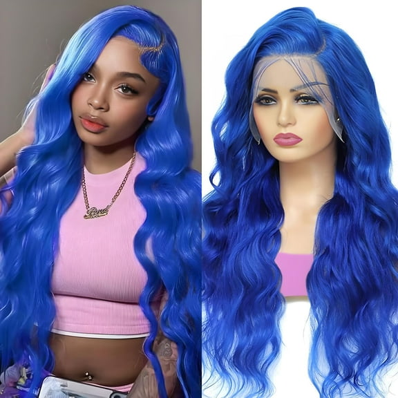 13x6 Inch Lace Closure 100% Human Hair Wig Body Wave Lace Front Wig 24'' Blue Brazilian Hair Seamless and Glueless