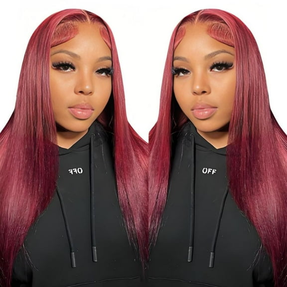 26" 100% Human Hair Wigs Lace Front Pre-plucked Burgundy Straight Long 20-34'' 1 Piece