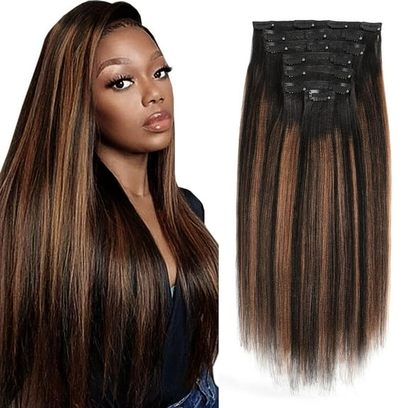 Light Yaki Clip in Extensions 26 Inch Real Human Hair Double Weft Two Tone Natural Black to Light Auburn