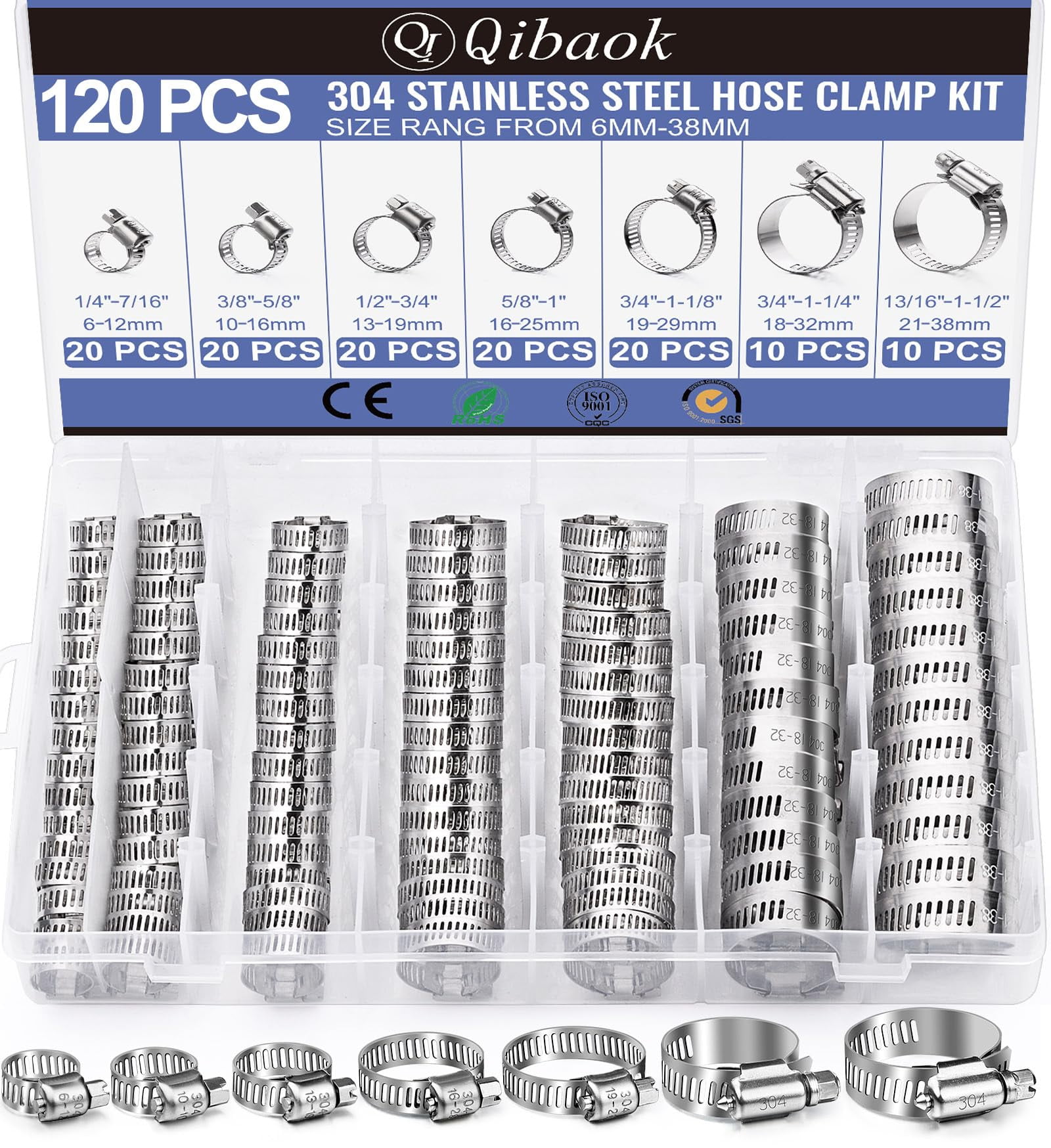 Hose Clamp - 120 PCS Stainless Steel Hose Clamps Assortment Kit 1/4''–1-1/2'' Worm Gear Clamps for Fuel Line, Plumbing, Automotive, Mechanical Applications, Pipe, Tube, Radiator, Garden
