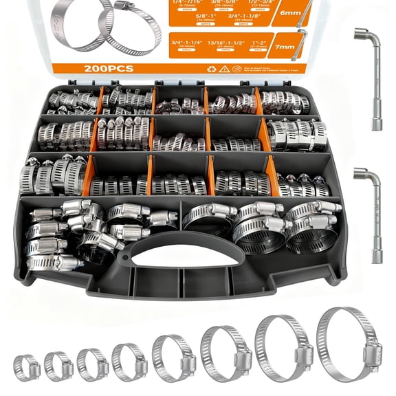 Hose Clamp Assortment 200PCS Hose Clamp 304 Stainless Steel Kit Adjustable 1/4"~2"(6~51mm) Worm Gear Hose Clamp, Heavy Duty Small Hose Clamps for Automotive, Fuel Line, Pipe, Radiator