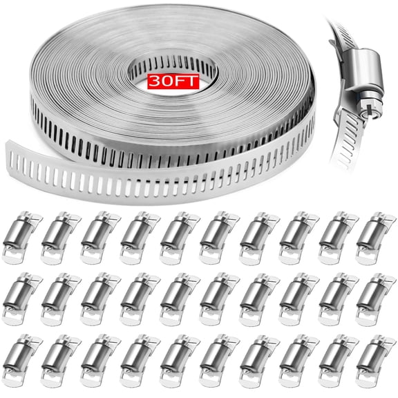 Hose Clamps 30FT Strap+30 Fasteners,DIY Cut-To-Fit 304 Stainless Steel Adjustable Large Worm Gear Band Clamp Assortment Kit,Metal Screw Fasteners and Strapping for Pipe,Duct,Pole,Tube