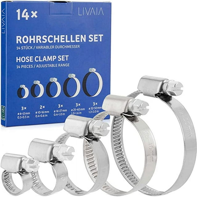 LIVAIA Large Metal Assorted Hose Clamps 12x Stainless Steel Adjustable