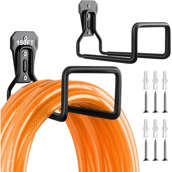 Hose Holder Stand Wall Mount, 2Pcs Heavy Duty Garden Hose Hanger Reel, Metal Water Pipe Tube Hooks Rack for Outside Yard, Garage, Storage Organizer - Black