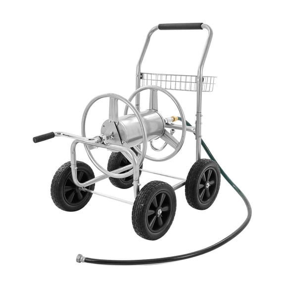 Hose Reel Cart 300ft 5/8'' Garden Hose, Mobile Water Hose Cart with 4 Wheels, Heavy Duty Steel Outdoor Hose Holder with Storage Basket