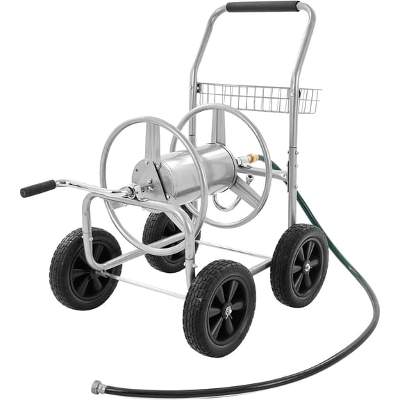 Hose Reel Cart, Hold Up to 250 ft of 5/8 Hose, Garden Water Hose Carts Mobile Tools with 4 Wheels, Heavy Duty Powder-Coated Steel Outdoor Planting with Storage Basket, for Yard, Lawn, Garden