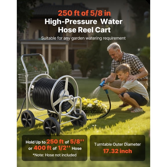 Hose Reel Cart,Hold Up to 250 ft of 5/8"Hose,Garden Water Hose Carts Mobile Tools with 4 Wheels,Heavy Duty Powder-coated Steel Outdoor Planting with Storage Basket,for Garden,Yard,Lawn
