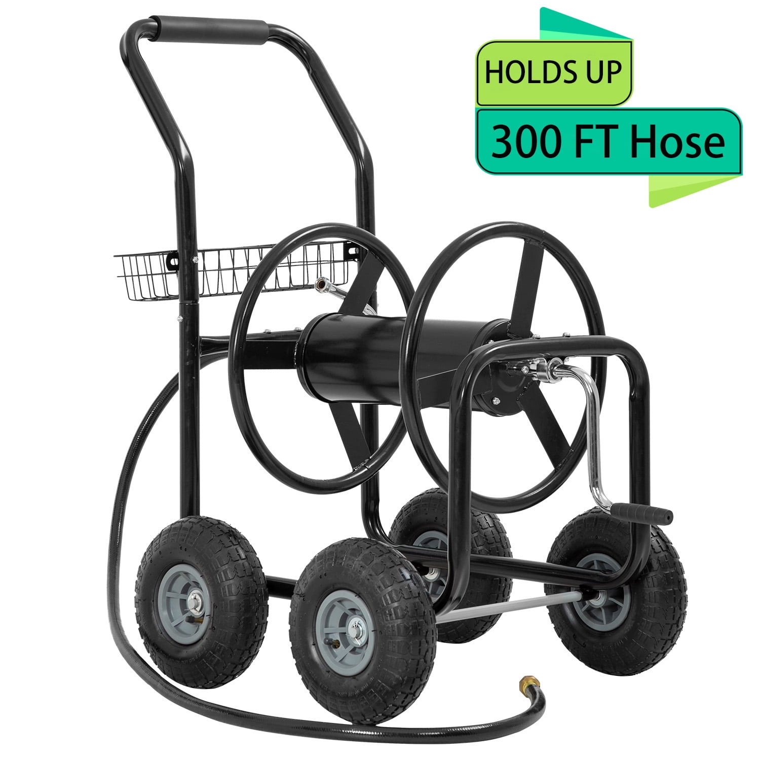Hose Reel Cart, Hold Up To 300 Ft of 5/8" Hose, Garden Water Hose Carts Mobile Tools with Wheels and Storage Basket, Heavy Duty, for Garden, Yard, Lawn Outdoor Planting, Black