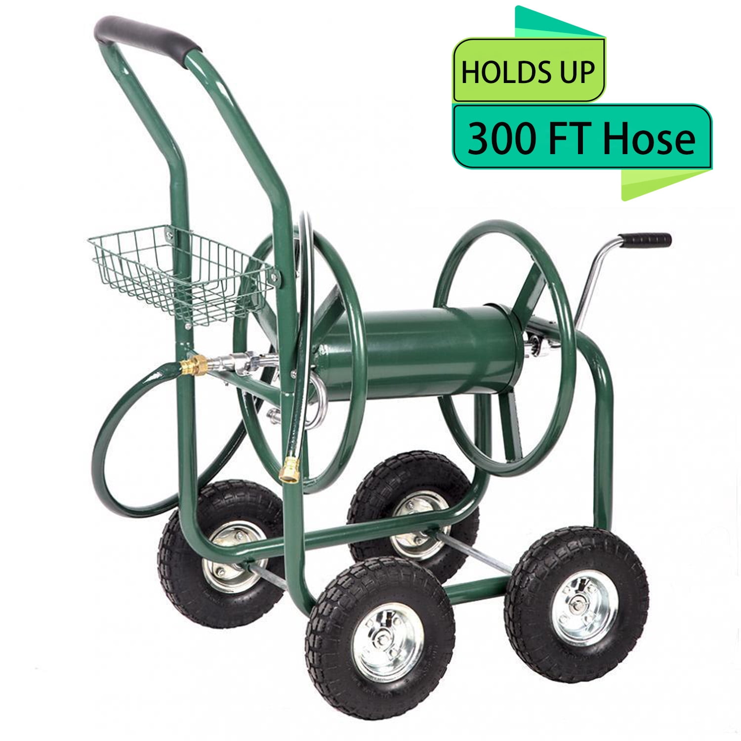 Hose Reel Cart, Hold Up To 300 Ft of 5/8" Hose, Garden Water Hose Carts Mobile Tools with Wheels and Storage Basket, Heavy Duty, for Garden, Yard, Lawn Outdoor Planting, Green