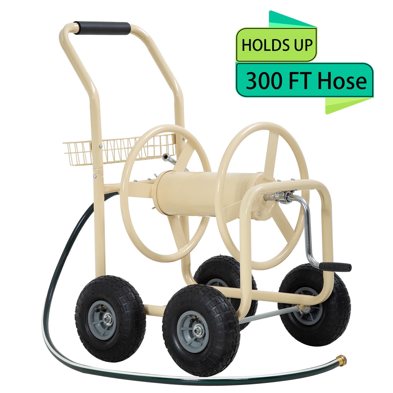 Hose Reel Cart, Hold Up To 300 Ft of 5/8" Hose, Garden Water Hose Carts Mobile Tools with Wheels and Storage Basket, Heavy Duty, for Garden, Yard, Lawn Outdoor Planting, Tan