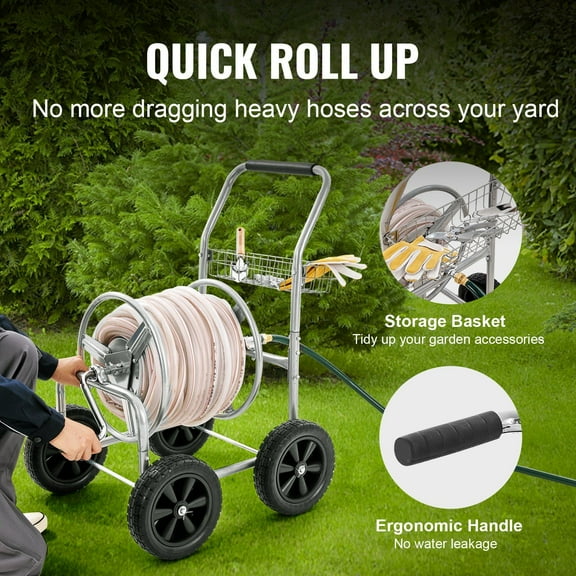 Hose Reel Cart with Storage Basket, 300 ft Capacity for 5/8" Hose, Heavy Duty Powder-Coated Steel Mobile Garden Water Cart with 4 Wheels, for Yard, Lawn, and Outdoor Planting