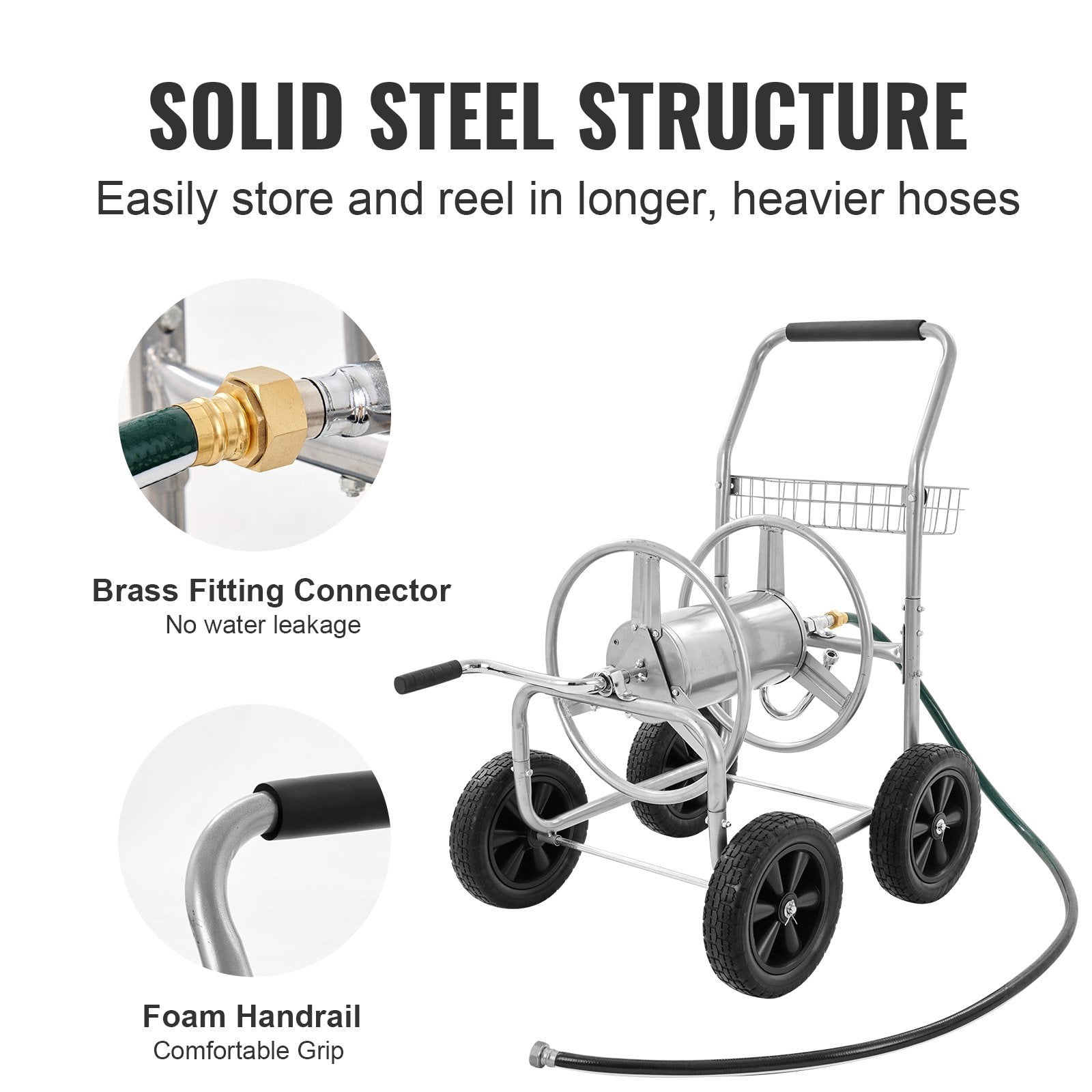 Hose Reel Cart with Storage Basket, Holds 250ft of 5/8" Garden Hose, Heavy Duty Steel Mobile Water Hose Carts with 4 Wheels for Lawn, Yard & Garden Outdoor Use