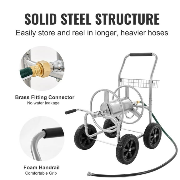 Hose Reel Cart with Storage Basket, Holds 250ft of 5/8" Garden Hose, Heavy Duty Steel Mobile Water Hose Carts with 4 Wheels for Lawn, Yard & Garden Outdoor Use