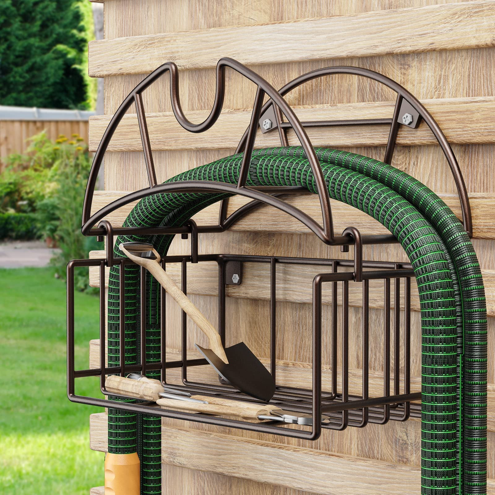 Wall Mount Heavy Duty Metal Garden Hose Holder with Tool Storage Basket