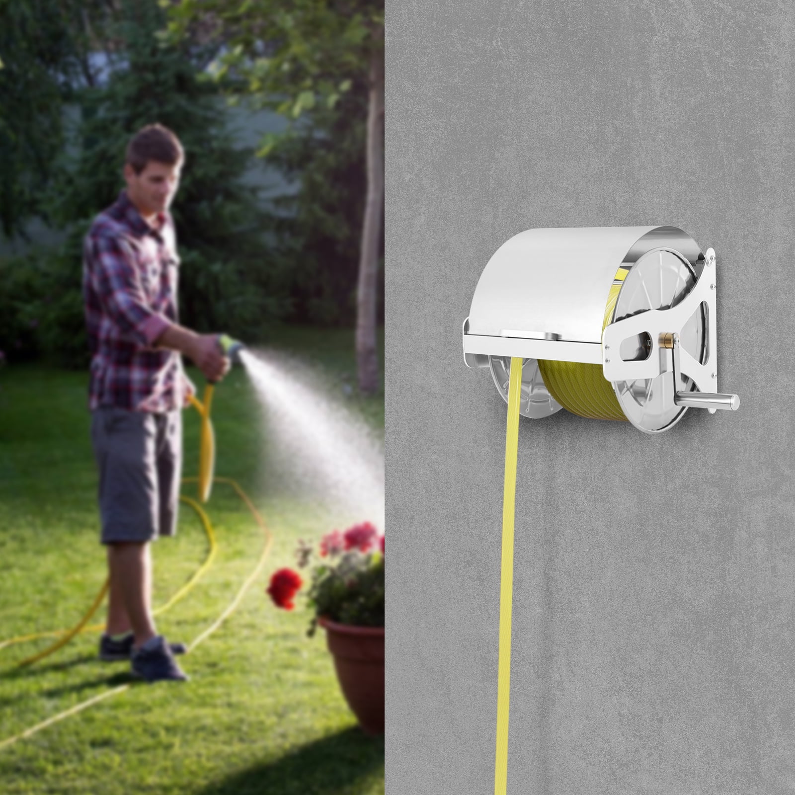 Hose Reel Organizer, 164.04ft Capacity, 360° Rotating Nozzle, Weather-Resistant, Keeps Hoses Neat for Gardening and Cleaning